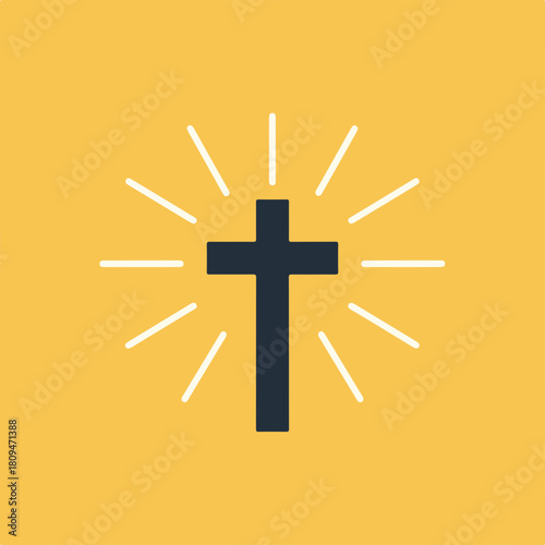 Simple Christian cross graphic, shining cross in minimal style on illuminating background. Christian cross symbolizes faith, devotion, and hope in eternal life.