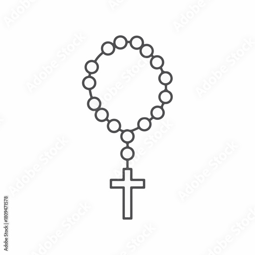Simple rosary beads with Christian cross, detailed outline. Rosary beads often symbolize faith and tradition within Catholicism. Represents rosary beads as religious icon,