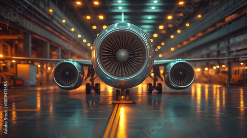 Airplane in Hangar Modern Jet Engine with Aircraft Maintenance, and Ready for Flight.