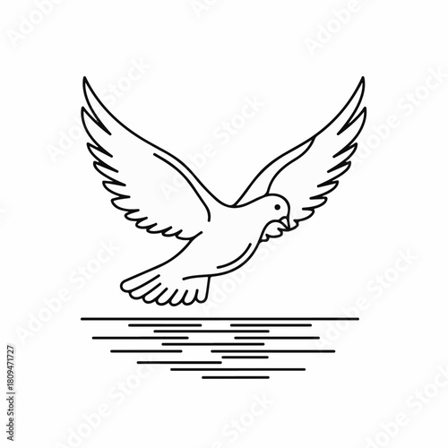 Dove outline hovering just above water surface with delicate lines. This minimalistic dove design symbolizes peace and new beginnings, delicate lines add elegance, dove design emphasizes message.