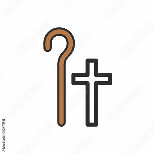 Simple symbol of faith featuring cross and shepherd's crook, Christian symbol representing belief. Cross and shepherd's crook are shown to convey guidance, redemption,