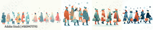 people shopping for winter necessities, carrying small bags and wearing thick coats. Vektor, design, minimalist, illustrations, set icon