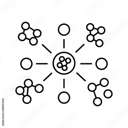 Centralized network hub with connected nodes and distributed clusters icon