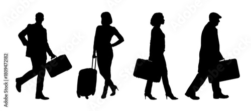 People silhouettes set with luggage and travel bag