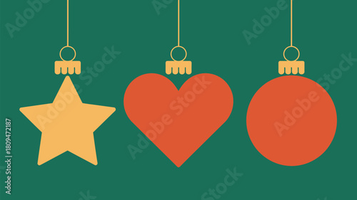 A christmas themed image featuring a star heart and circle ornaments hanging on a green background plain scene