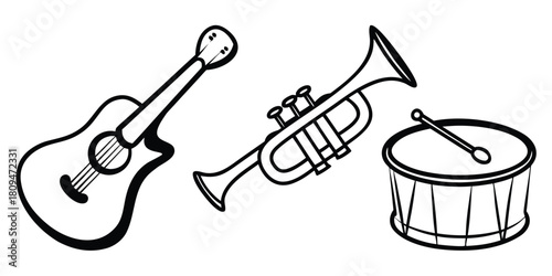 Acoustic guitar, trumpet, and drum with a drumstick are depicted in a simple line drawing.
