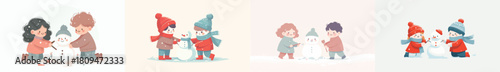 little children making little snowmen together. Vektor, design, minimalist, illustrations, set icon