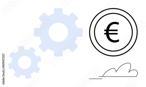 Gears symbolize processes and Euro coin represents currency, economy, finance. Ideal for business, technology, trade, teamwork, innovation automation banking. Simple flat metaphor
