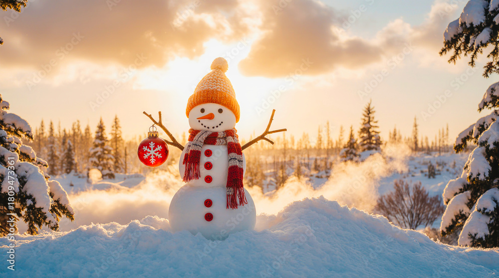 Obraz premium Joyful snowman wearing a hat and scarf in a snowy forest at sunset