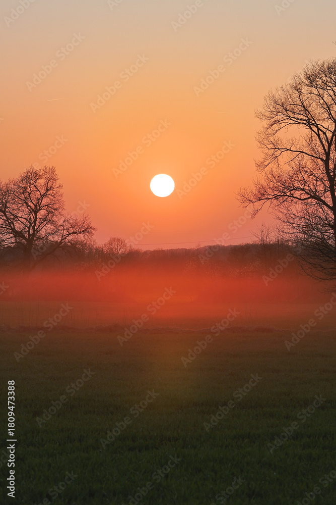 Fototapeta premium Sunset over foggy landscape