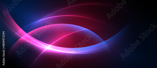 Abstract design features vibrant curves, glowing lines. Pink, blue hues dominate dark background. Modern, dynamic composition.