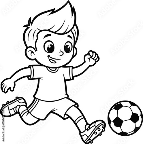 Black and White Outline of a Cheerful Cartoon Boy Playing Soccer, Perfect for Coloring Book Pages and Line Art Activities.