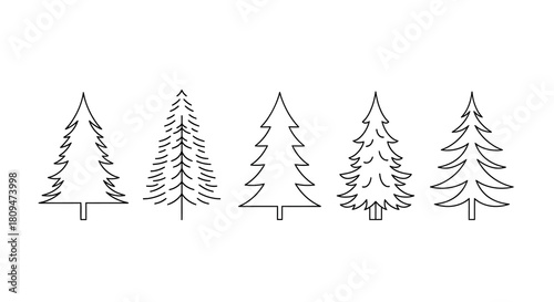 Five distinct line art illustrations of evergreen trees, showcasing various stylized shapes and branch patterns, on a white background.