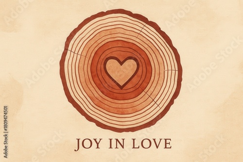 Circular wood grain illustration with heart emblem at center symbolizing love and connection in nature expressing deep emotional bonds and organic unity