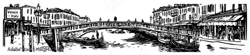 Panoramic Vector Sketch of Venice Italy Canal with Gondolas and Bridge in Vintage Ink Style