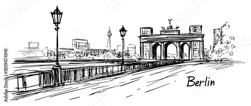 Artistic Hand Drawn Vector Illustration of Berlin Cityscape with Brandenburg Gate and TV Tower