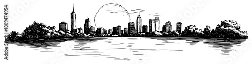 Panoramic Hand Drawn Vector Sketch of New York City Skyline with Skyscrapers and River