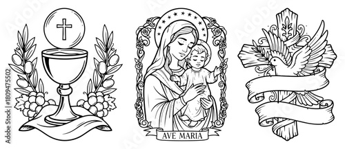 Set of Catholic Hand Drawn Vector Illustrations featuring Virgin Mary and Holy Communion Chalice