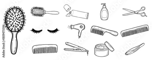Hand Drawn Set of Hair Salon Tools and Beauty Accessories for Styling