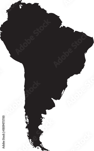Silhouette map of South America continent in black on white background geography