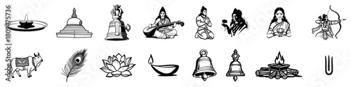 Hand Drawn Collection of Hindu Deities and Sacred Worship Symbols