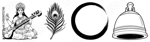 Spiritual Illustration of Goddess Saraswati with Peacock Feather and Zen Bell