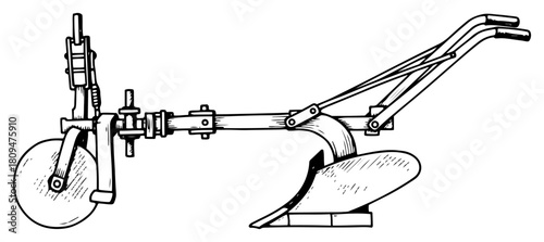 Detailed Vector Sketch of Antique Agricultural Plow with Wheel for Traditional Farming