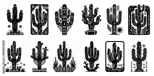 Collection of Hand Drawn Vector Cactus Illustrations with Mexican and Tribal Ornaments