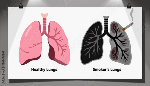 Healthy and Smoker's Lungs Comparison Illustration in Educational Style  