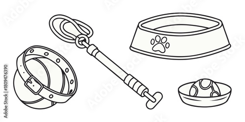 A dog collar, leash, food bowl, and toy are arranged on a white background.