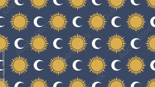 Celestial pattern featuring golden suns and crescent moons on a moody indigo background for astrology lovers and mystical designs, perfect for fabrics