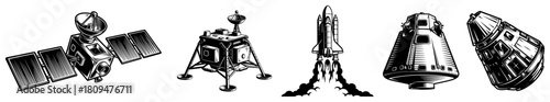 Collection of Hand Drawn Vector Space Exploration Vehicles featuring Satellite Shuttle and Lunar Lander