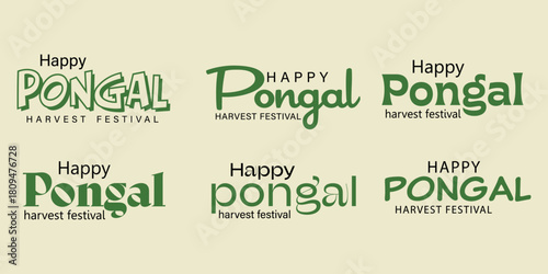 Happy Pongal Harvest festival of India Typography set. Creative vector logo, text design. Usable for banners, greeting cards, gifts etc.