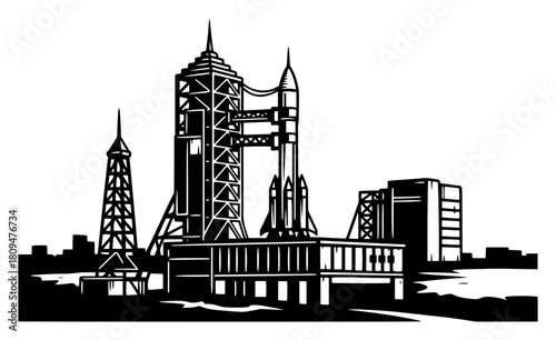 Detailed Hand Drawn Vector Illustration of Space Rocket Launch Pad with Launch Tower and Industrial Buildings