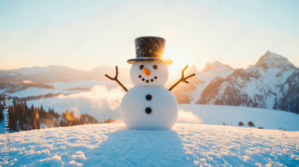 Obraz premium Happy snowman in a top hat on a snowy mountain at sunrise