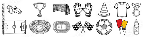 Hand Drawn Set of Soccer Sport Icons and Football Equipment