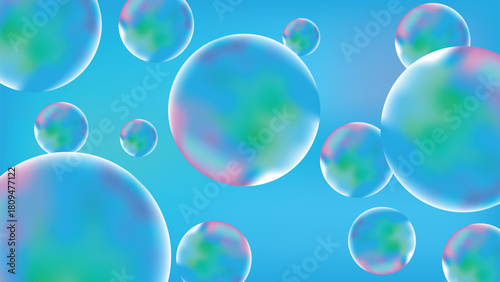 Holographic Iridescent Soap Bubbles on a Bright Blue Vector Background