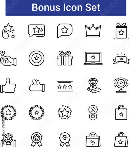 Bonus, benefit, offer and reward. Vector linear icon set.
