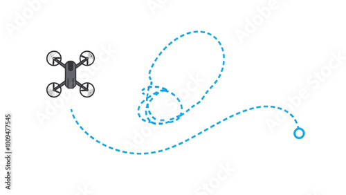 A drone flies along a dashed blue path with a circular endpoint