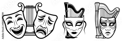 Classical Theater Masks of Comedy and Tragedy with Musical Lyre