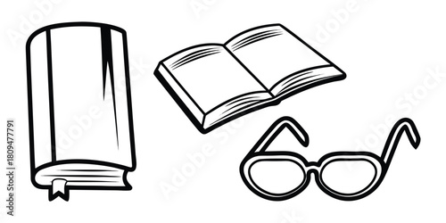 A closed book, an open book, and a pair of glasses are arranged on a white background.