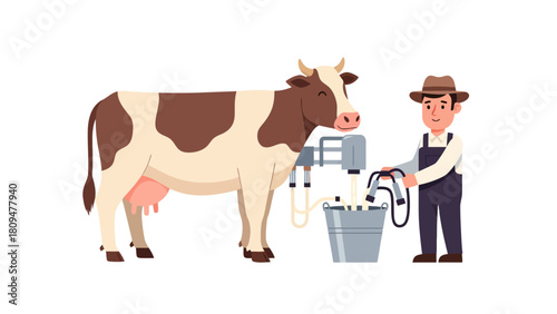 A farmer uses a milking machine on a brown and white cow in a bucket