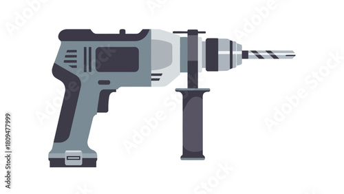 A flat vector illustration of a grey and dark grey drill with a drill bit