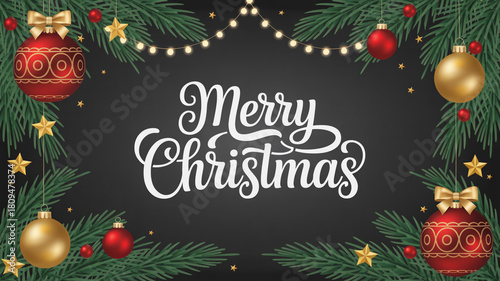 Festive merry christmas background with ornaments and pine branches decoration
