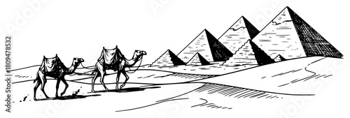 Panoramic Sketch of Egyptian Pyramids and Camels in Desert