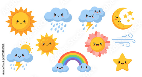 A large and adorable set of kawaii weather characters including a happy sun rainbow clouds moon and stars with cute smiling faces.
