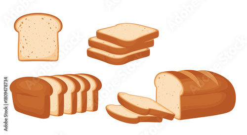 A realistic collection of sliced white bread illustrations including a whole loaf single slices and a stack for bakery designs.