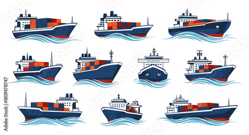 Collection of ten cargo ship and container vessel icons at sea shown from various angles for logistics and shipping concepts.