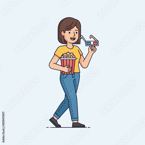 Woman walking with popcorn and 3D glasses for cinema. Walking woman happily goes to movies for fun, with delicious snack and glasses. This young woman walking anticipates entertainment,