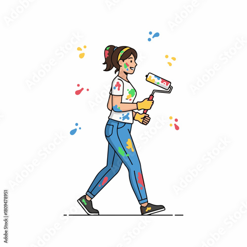 Woman walking after a painting job with colorful splatter on white background. Woman walking cheerfully dressed in denim jeans and t shirt after home improvements.